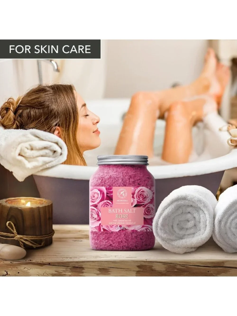 Natural Rose Bath Salts 46 Oz – Spa Essential with Rosewood Oil & Skin Care